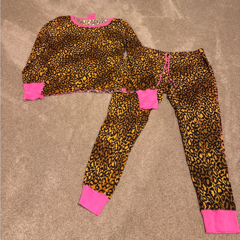 Vintage Victorias Secret Thermal Legging Top shirt Set Large Hot Pink Leopard